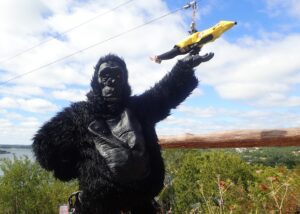 People in Halloween costumes Ziplining