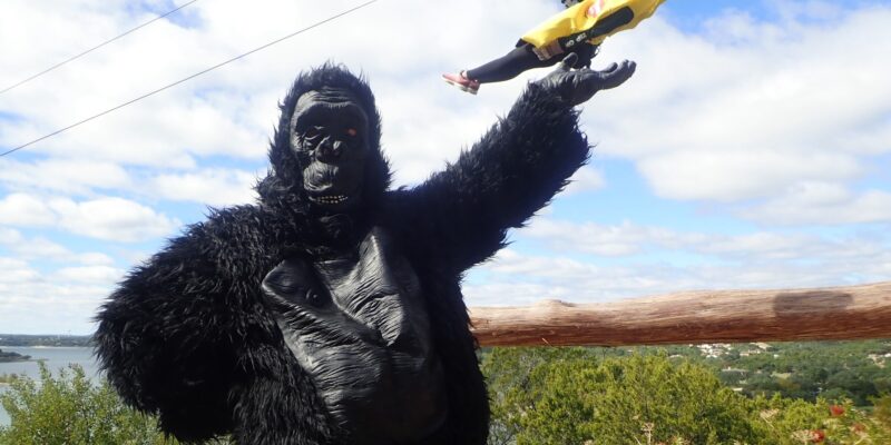 People in Halloween costumes Ziplining