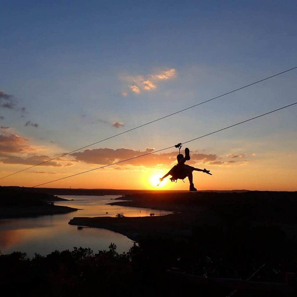 Sunset over the lake while zipping