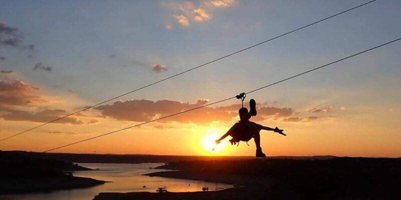 Sunset over the lake while zipping